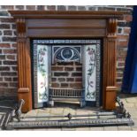 Reproduction Art Nouveau  cast iron & tiled fire place with timber surround & fender