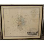 Large framed map of Bedfordshire published in 1831 by C & J Greenwood with inset panel of Woburn