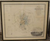 Large framed map of Bedfordshire published in 1831 by C & J Greenwood with inset panel of Woburn