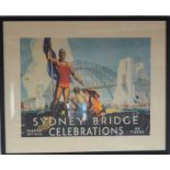 Framed poster 'Sydney Bridge Celebrations 19th March 1932' 76cm by 62cm & a pair modern prints of