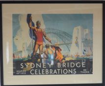 Framed poster 'Sydney Bridge Celebrations 19th March 1932' 76cm by 62cm & a pair modern prints of