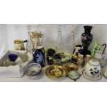 Selection of glass decanters & stoppers, mixed ceramics to include Carlton Ware jug, large musical