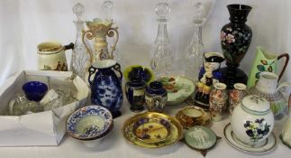 Selection of glass decanters & stoppers, mixed ceramics to include Carlton Ware jug, large musical