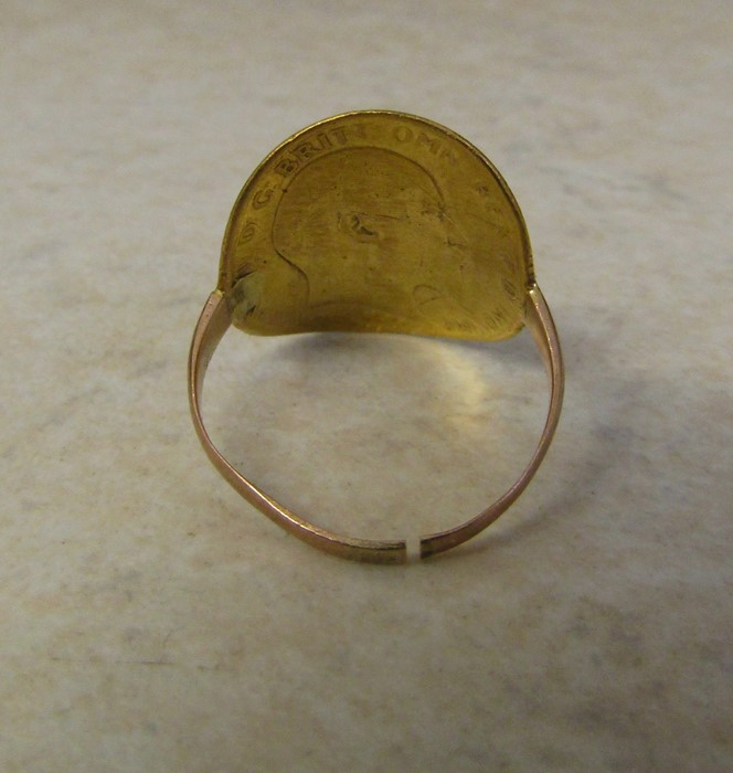 Gold ring consisting of Edward VII 22ct gold half sovereign (very worn) and rose gold possibly