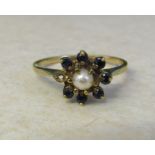 9ct gold sapphire and pearl ring (missing one stone) size U/V weight 2.9 g