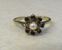 9ct gold sapphire and pearl ring (missing one stone) size U/V weight 2.9 g