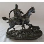 Spelter huntsman on horse back with hounds (repaired) L 27 cm H 25 cm