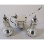 Pair of silver pepper pots Birmingham 1900 weight 2.32 ozt and silver mustard pot with blue glass