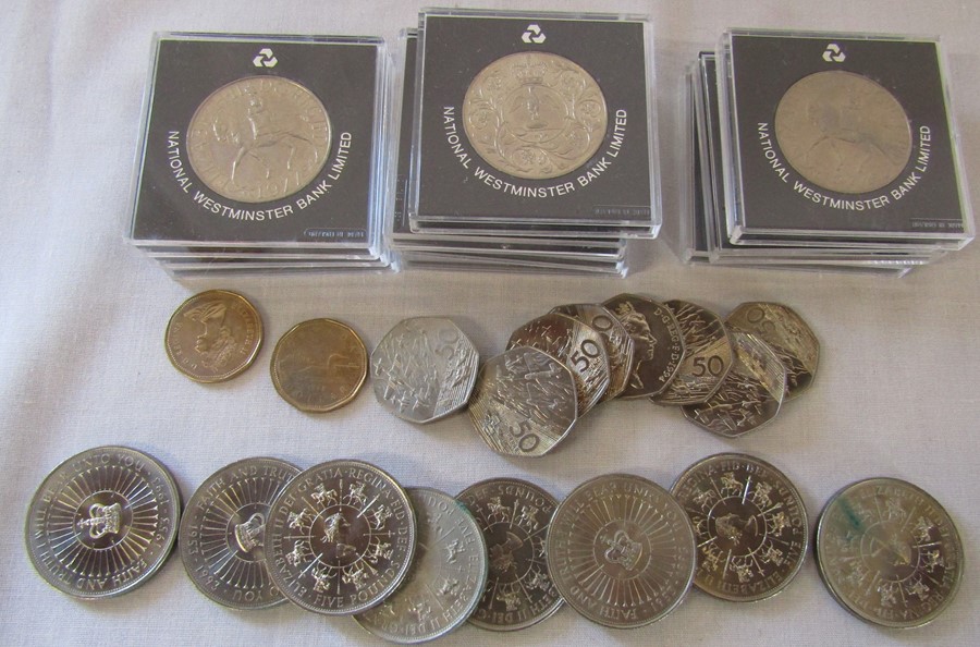 Quantity of Silver Jubilee crowns, 50p coins, 1988 Canadian dollars & Five pounds coins