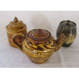 Slipware double spouted teapot marked 'Mrs H D Marsh Nov. 1911', slipware lidded jar 'C Hammon Feb
