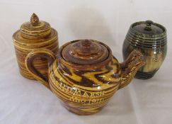 Slipware double spouted teapot marked 'Mrs H D Marsh Nov. 1911', slipware lidded jar 'C Hammon Feb