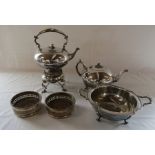 Silver plated spirit kettle on stand with teapot, dish and pair of wine coasters