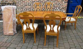 Twin pedestal dining table 171 cm x 113 and two extra leaves with 6 dining chairs inc 2 carvers