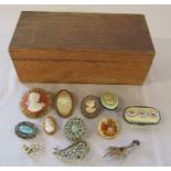 Wooden box containing various costume jewellery brooches etc