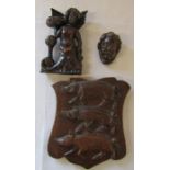 Early wooden carving of an angel with bowl of fruit H 14 cm, early wooden carving of a boy's