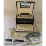 Jewellery box containing assorted costume jewellery, pearls and watches