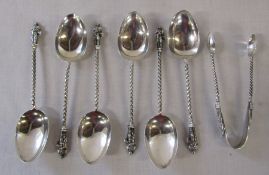 Set of 6 silver apostle spoons with matching sugar tongs Birmingham 1897 weight 2.15 ozt