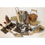Selection of kitchenalia, copper powder flask, desk stamps, Batey bottle, candle sconces, cased
