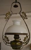 Brass hanging oil lantern with poppy head pattern & glass shade (has been converted to electric)