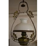 Brass hanging oil lantern with poppy head pattern & glass shade (has been converted to electric)