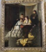 Large gilt framed oil on canvas depicting an elegant company of ladies on a balcony, in a Spanish