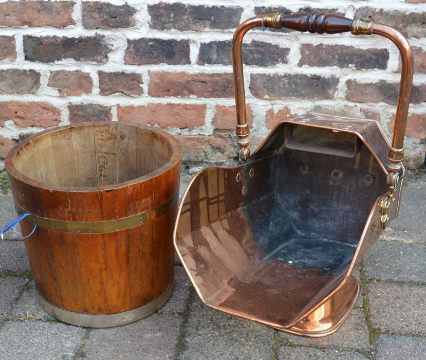 Victorian brass & copper coal scuttle and a wooden barrel planter