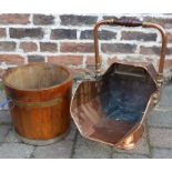 Victorian brass & copper coal scuttle and a wooden barrel planter