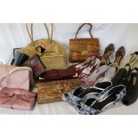 Selection of handbags including leather and snakeskin & 6 pairs of ladies shoes size 8 (41)