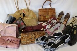 Selection of handbags including leather and snakeskin & 6 pairs of ladies shoes size 8 (41)