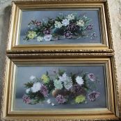 Pair of gilt framed oils on board depicting still life with roses and chrysanthemums, signed A J