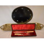 Brass tray, Victorian black oval tray inlaid with mother of pearl & a Victorian cased set of fish