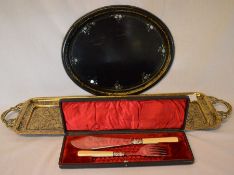 Brass tray, Victorian black oval tray inlaid with mother of pearl & a Victorian cased set of fish