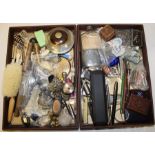 2 trays of collectables including hat pins, buttons, perfume bottles, fountain pens, penknives etc.