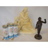 Plaster figurine of Jesus, Mary & John the baptist, Meissen style triple spill vase & a spelter