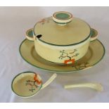 Clarice Cliff Bizarre Ravel pattern large lidded tureen, ladle and meat plate (ladle af) - meat