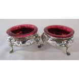 Pair of Victorian silver salts with cranberry glass lining London 1866 weight 3.54 ozt