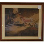 Coloured etching 'Le printemps' by Maurice Langaskens depicting a rural cottage. Frame size 69cm