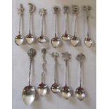 Selection of white metal / continental silver teaspoons decorated with assorted animals etc weight
