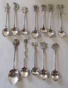 Selection of white metal / continental silver teaspoons decorated with assorted animals etc weight