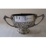 Silver three handled repousse bowl Birmingham 1905 weight 11.49 ozt H 10 cm