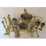 Assorted brassware inc jam pan and candlesticks