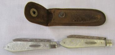 2 silver and mother of pearl fruit knives (one with leather pouch) Sheffield 1911