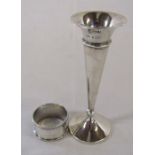 Silver specimen vase Birmingham 1900 weight 1.41 ozt H 14 cm & napkin ring Birmingham 1910 weight