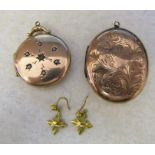 2 9ct gold (back and front) lockets L 4 cm  3.5 cm & pair of 9ct gold leaf earrings 0.5 g