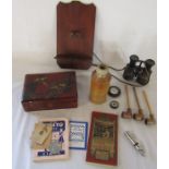 Various items inc whistle, clay pipes, binoculars, box (af), Whites bottle etc