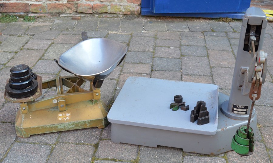 Avery scales, a set of shop scales & a sack weight