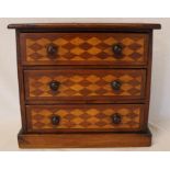 Inlaid wooden 3 drawer hand made cabinet, 29cm tall, 33cm wide, 19cm deep