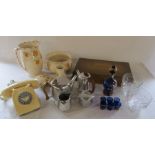 Toilet set, BT telephone, glass finger bowls, wooden cutlery box (empty), Picquot ware coffee and