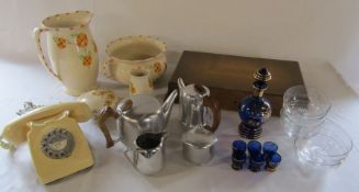 Toilet set, BT telephone, glass finger bowls, wooden cutlery box (empty), Picquot ware coffee and