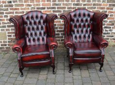 2 leather button back Chesterfield armchairs with button back leather footstool